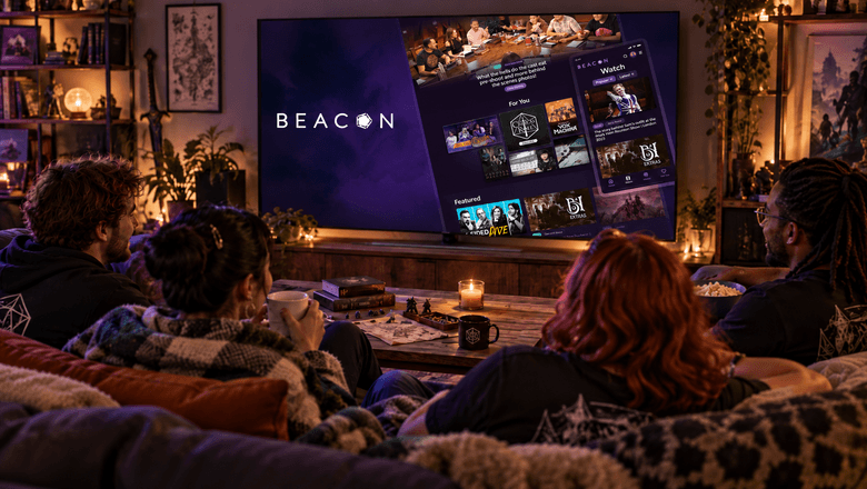 Group of friends watching Critical Role's Beacon platform together on a large TV during a relaxed evening at home.