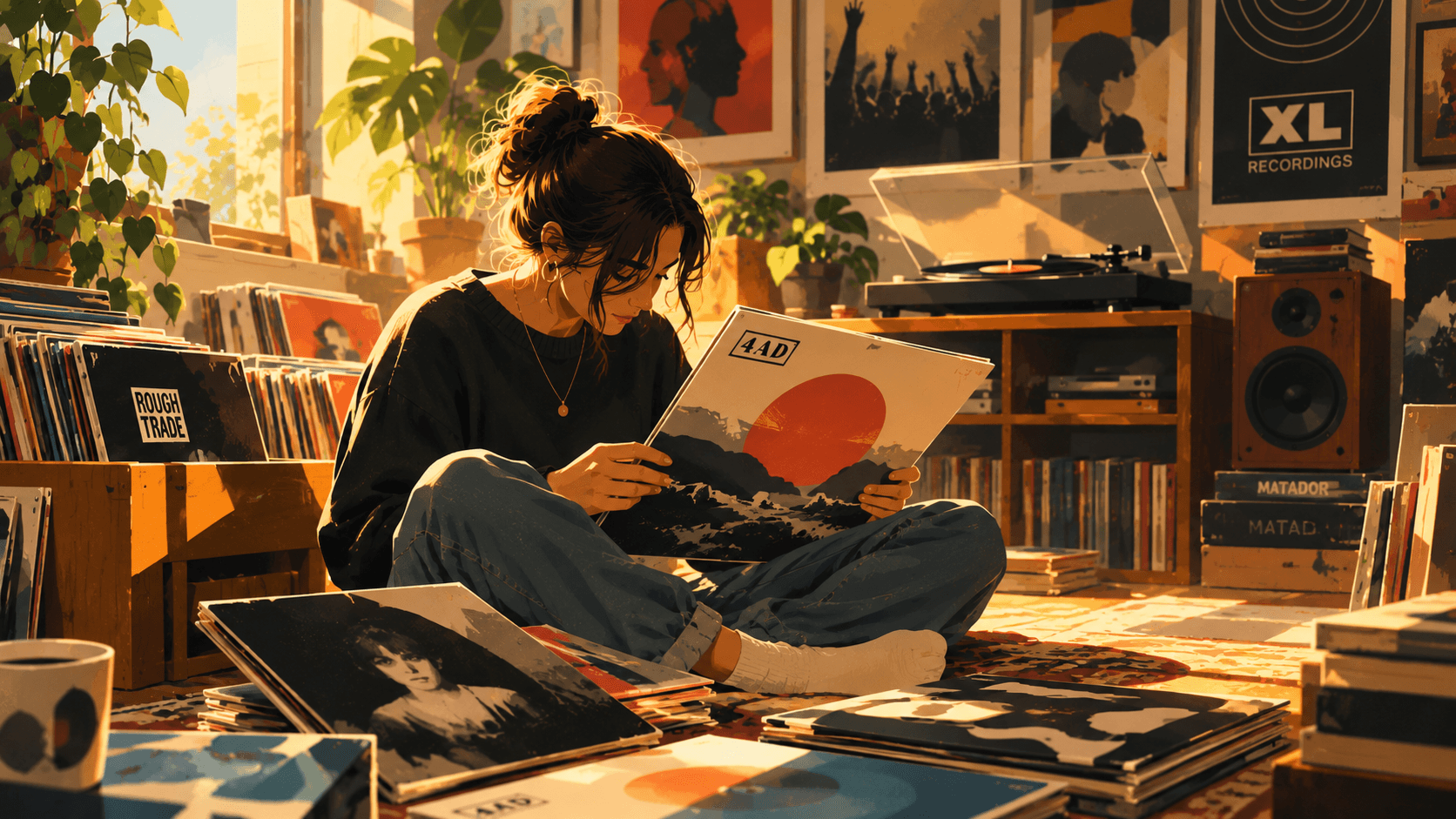 Music enthusiast browsing a collection of vinyl records at home, surrounded by album sleeves, a turntable and memorabilia from favourite artists.