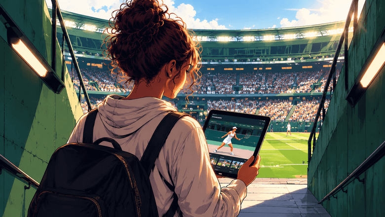 Illustration of a tennis fan walking into a packed stadium while watching tennis content on a tablet.