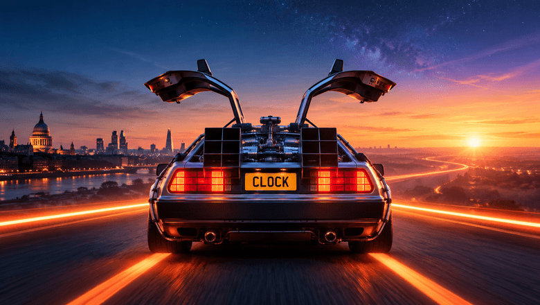 Back to the Future-inspired time machine driving towards the London skyline at sunrise, with a CLOCK number plate.