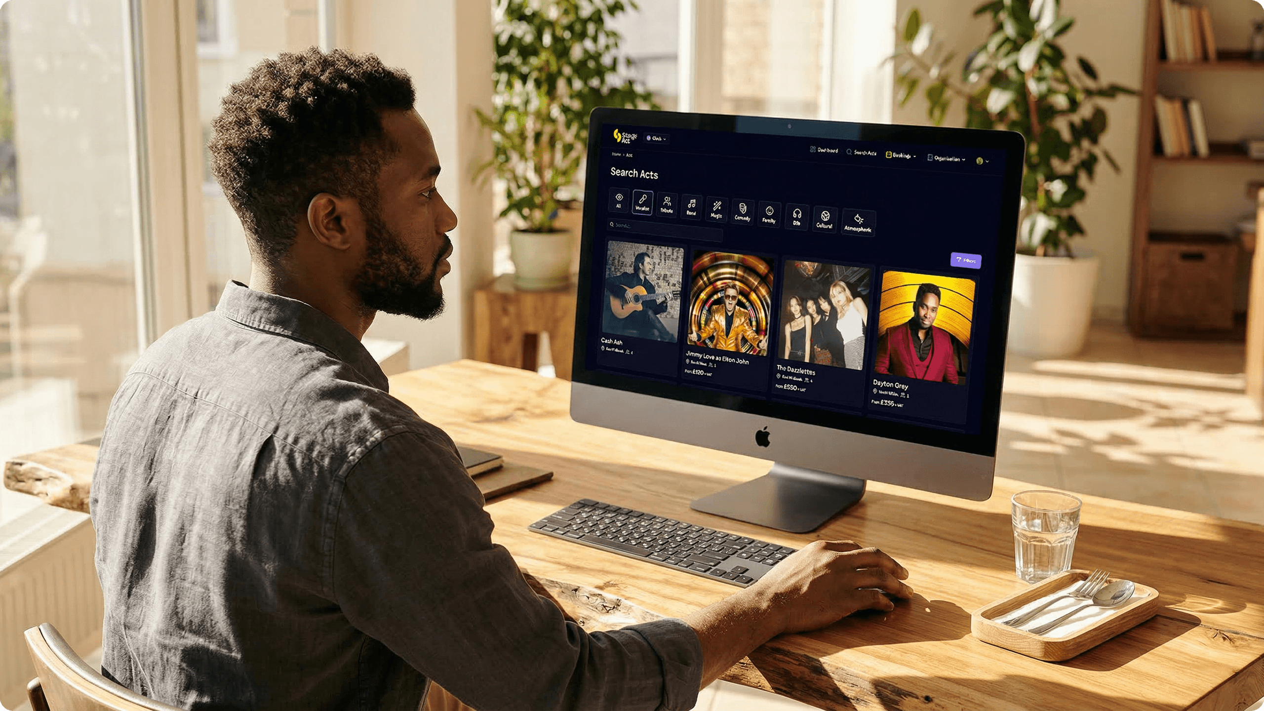 User browsing and filtering performers on the StageAct talent platform.
