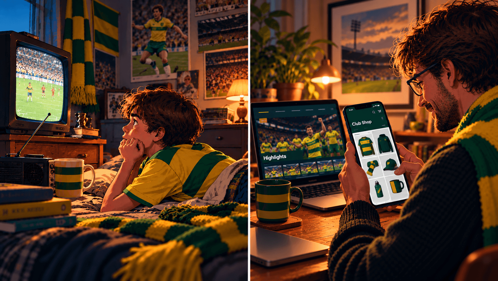 Illustration showing the same football fan as a boy watching his team on TV and, years later, browsing the club shop on his phone.