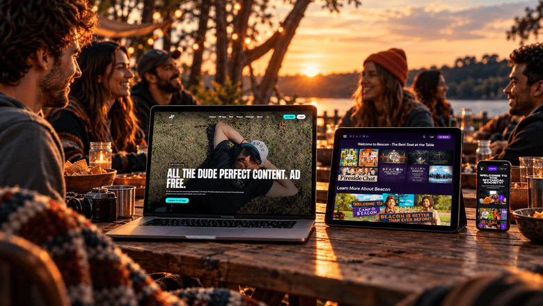 Friends gathered outdoors at sunset with Dude Perfect, Beacon and Mythical Society platforms displayed across laptop, tablet and mobile devices.