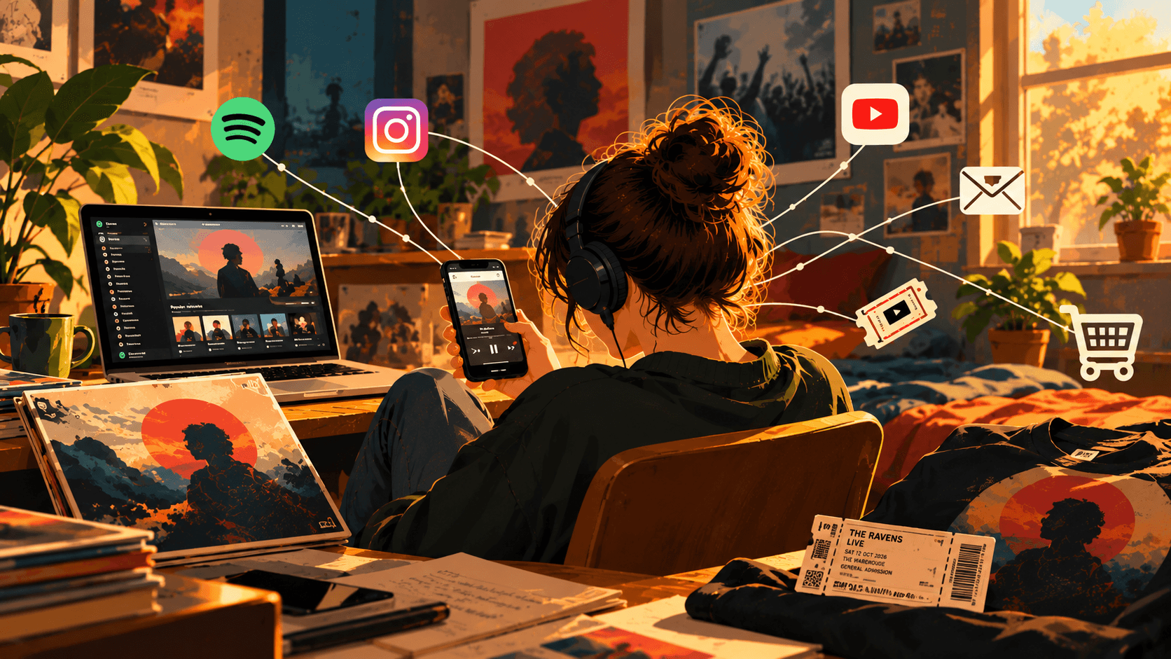 Music fan wearing headphones and using a smartphone, surrounded by vinyl records, a laptop, concert tickets and connected digital platform icons.