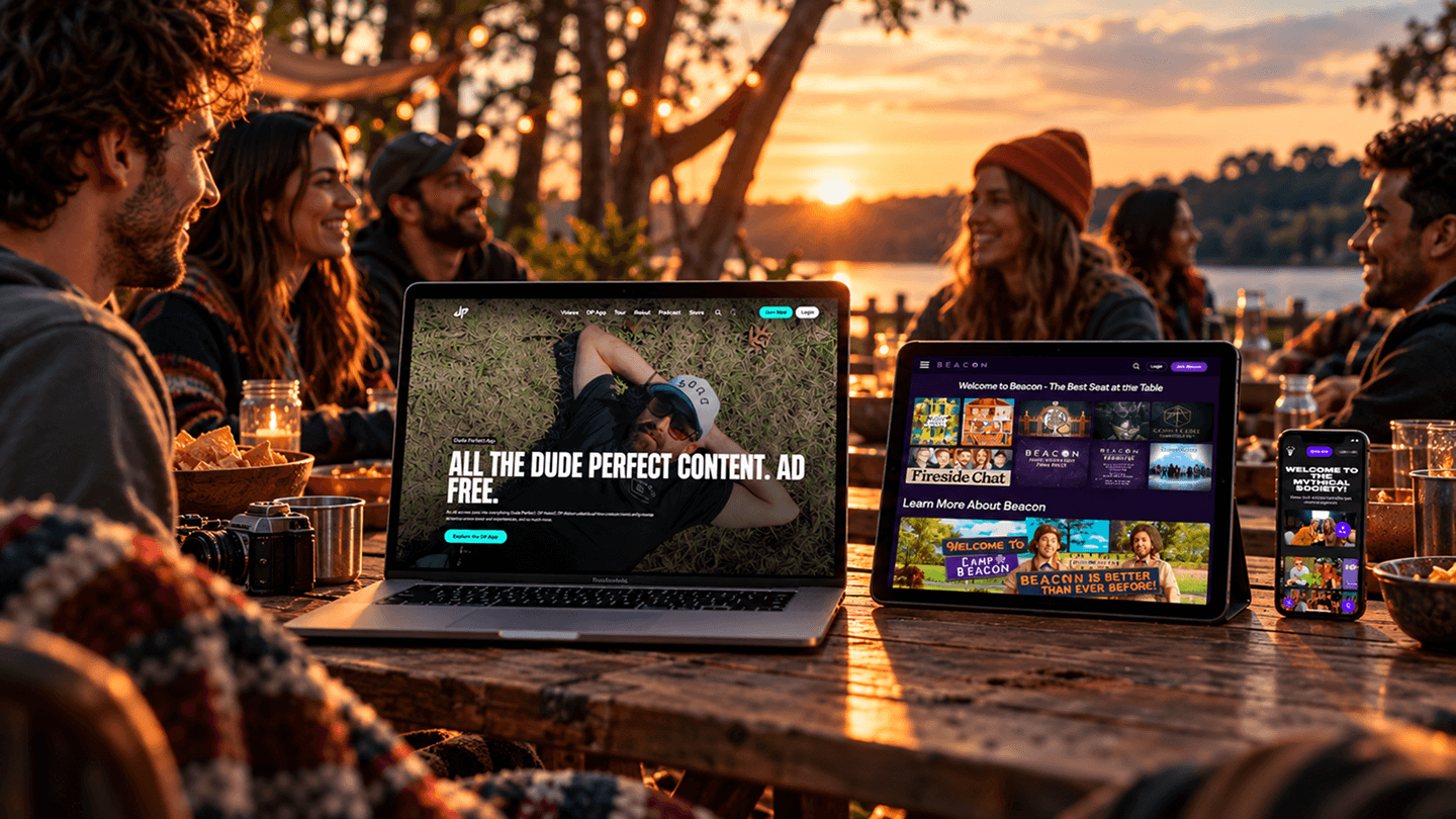 Direct-to-Fan platforms for Dude Perfect, Critical Role’s Beacon and Mythical Society shown across laptop, tablet and mobile devices.