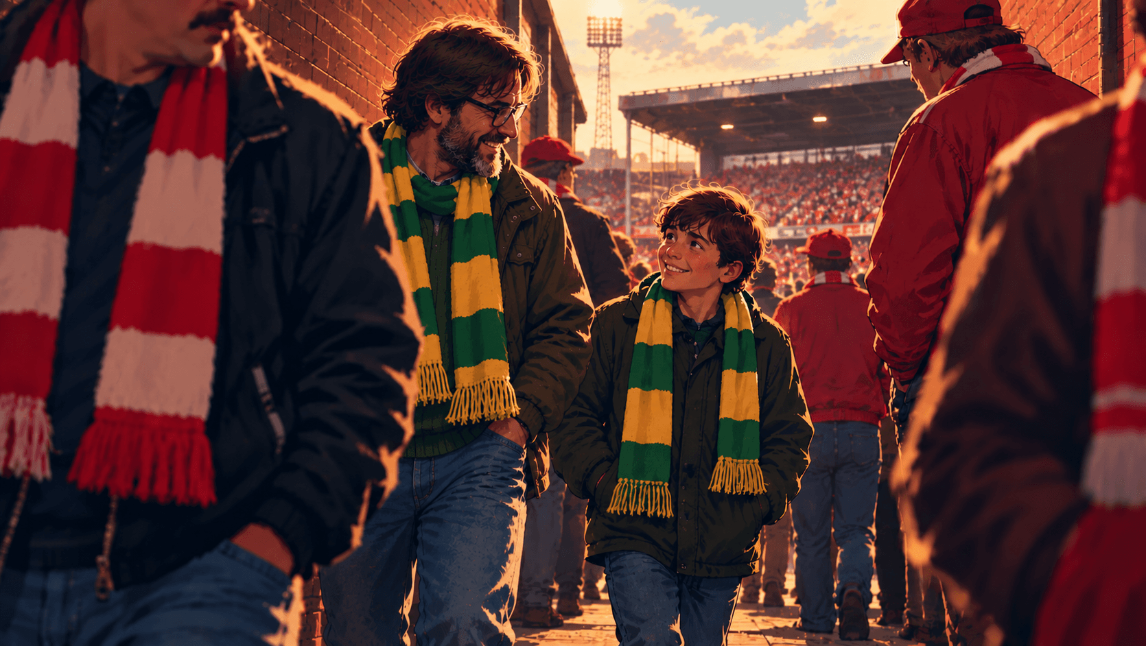 Illustration of a young football fan and his dad wearing yellow and green scarves among rival supporters at a 1980s away ground.