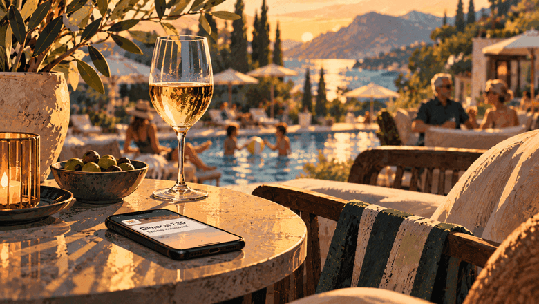 Luxury hotel terrace at sunset, with a glass of wine and a smartphone displaying a dinner reservation beside a pool overlooking the coast.