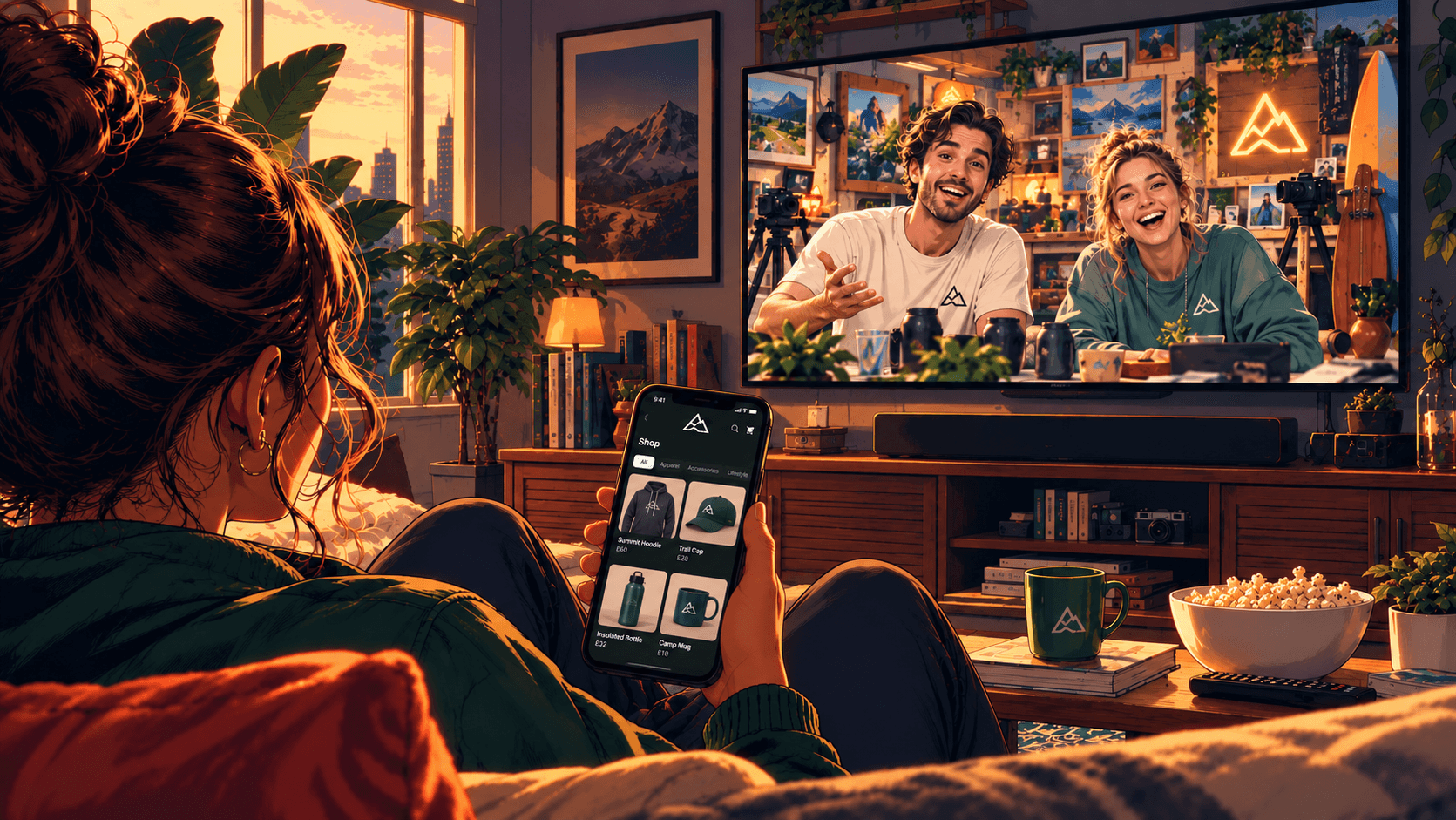 Illustration of a fan browsing merchandise in a creator’s app while watching the creators on TV at home.