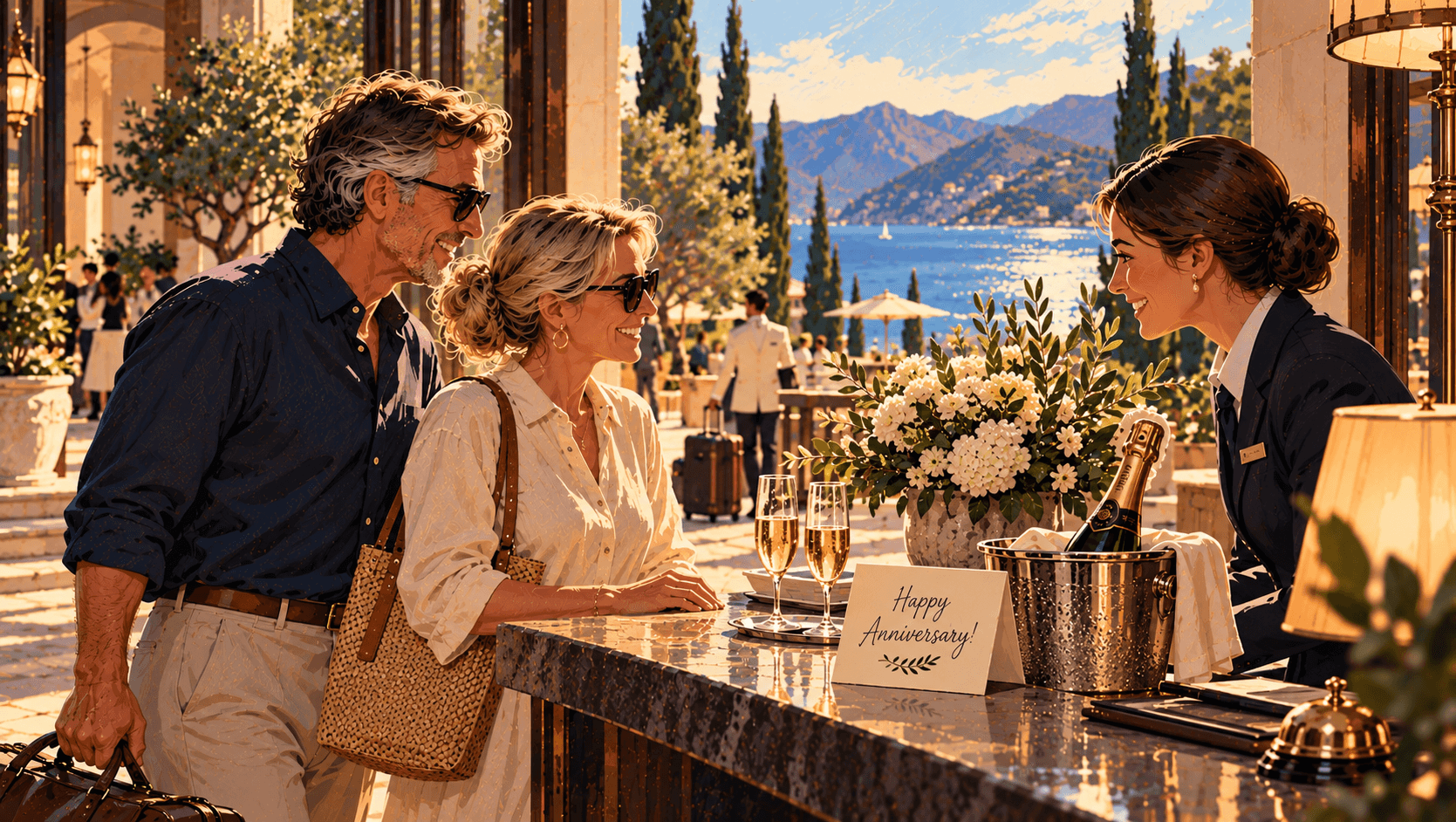 Couple arriving at a luxury coastal hotel, where staff welcome them with champagne and a personalised anniversary message.