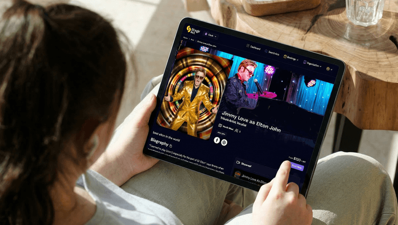 User browsing a StageAct performer profile and booking options on a tablet.