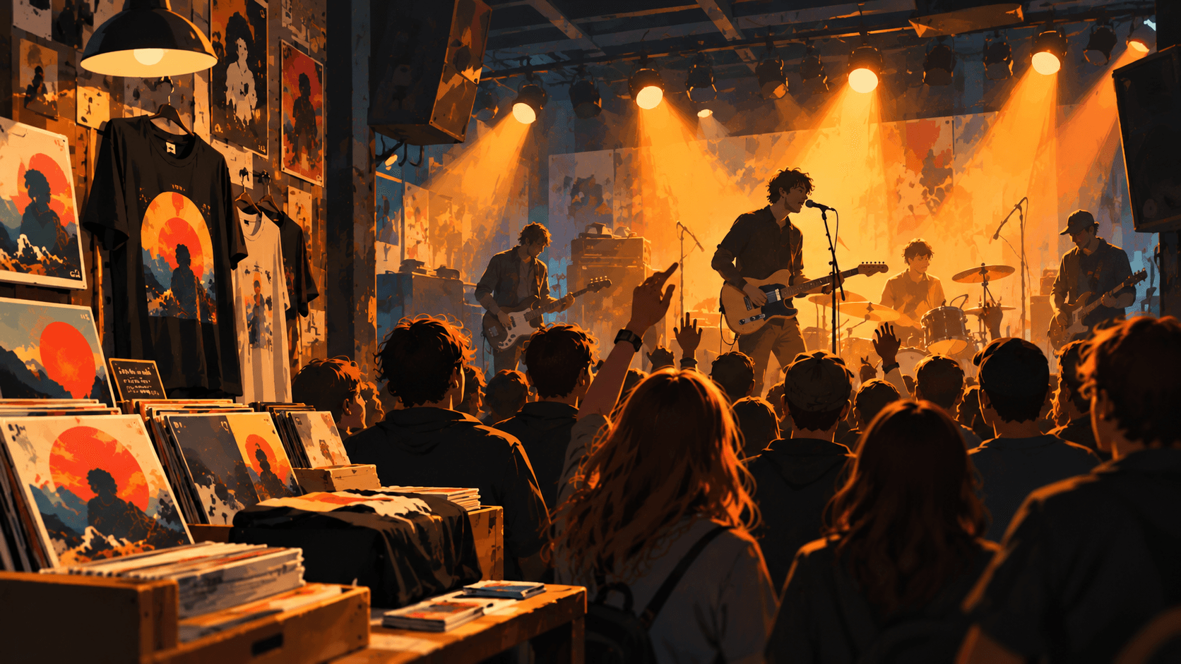 Independent rock band performing in a small, crowded music venue, with fans watching beneath warm stage lights and a merchandise stand displaying vinyl records and T-shirts.