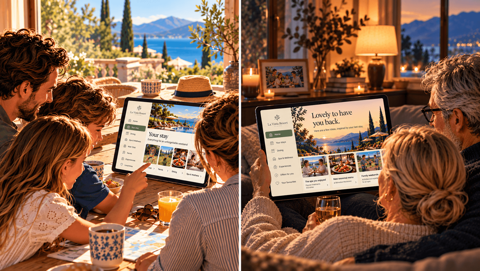 Family using a hotel tablet during their stay, alongside returning guests at home receiving personalised recommendations based on a previous visit.