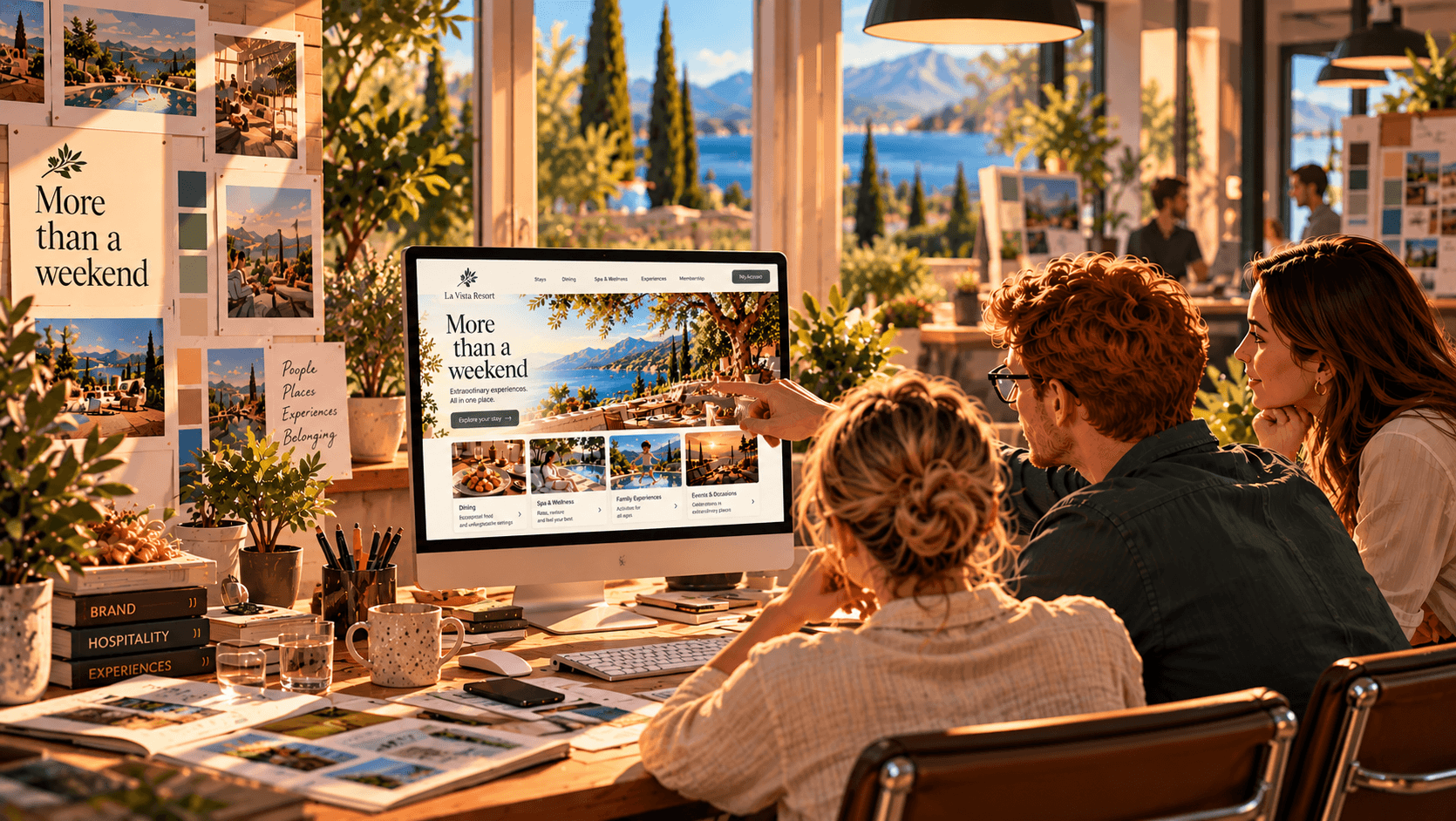 Hospitality brand team developing a resort campaign and digital experience, with the La Vista Resort website displayed on a desktop computer.