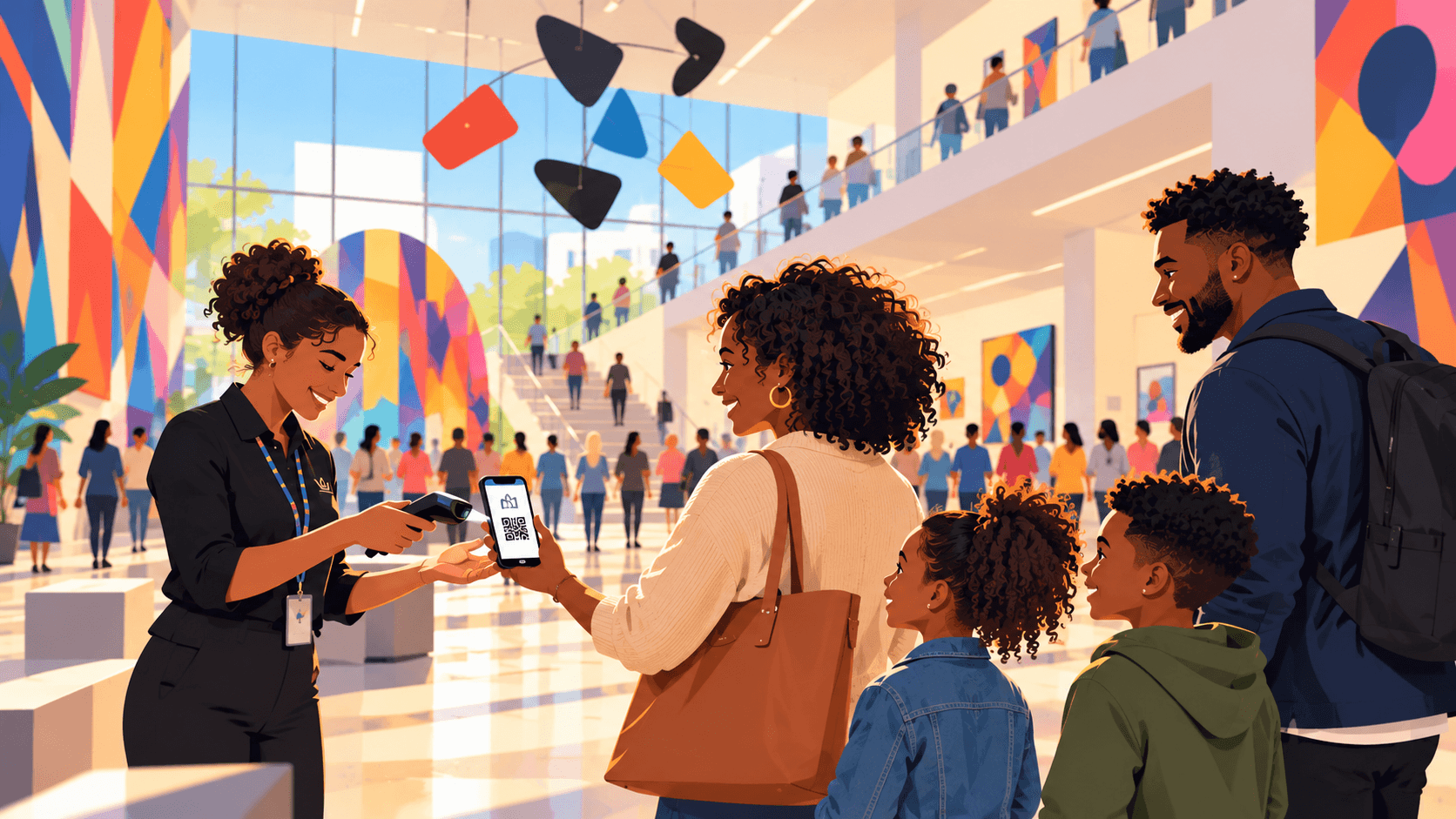 Clock-style illustration of two people arriving at a modern gym, welcomed by a receptionist, with members exercising in the background.