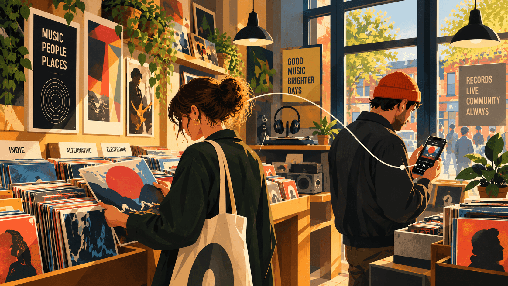 Warmly lit independent record shop with customers browsing vinyl records and exploring music on a smartphone, illustrated in a cinematic style.