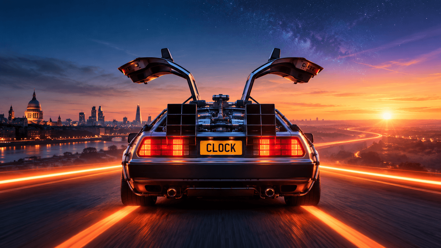 Back to the Future-inspired time machine driving towards the London skyline at sunrise, with a CLOCK number plate.