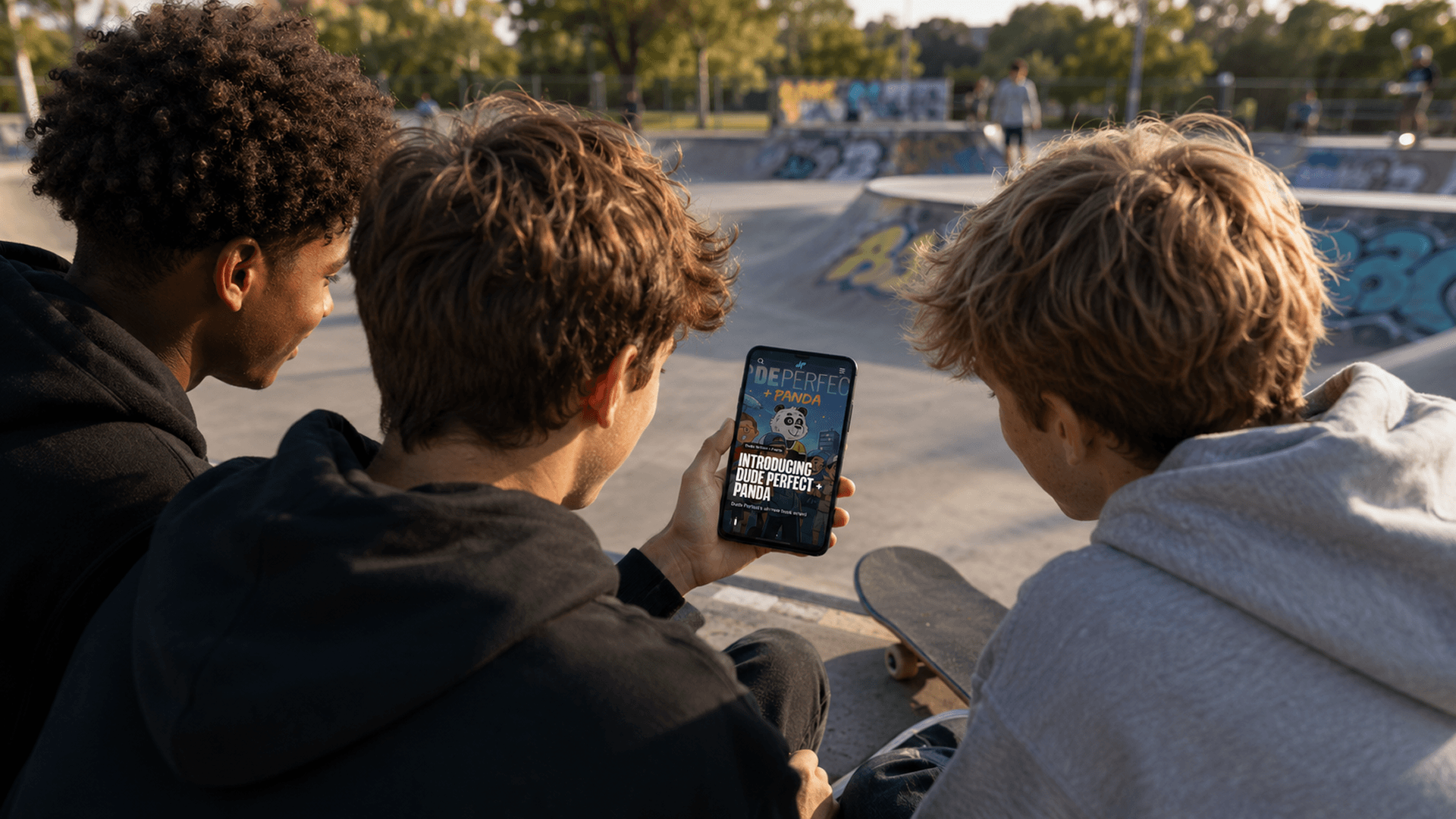 Three Dude Perfect fans browsing the platform on a smartphone together at a skatepark.