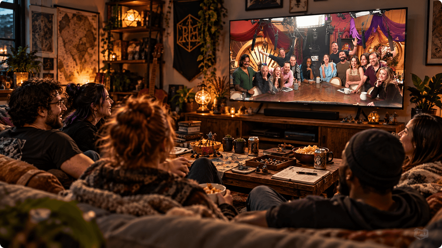 Group of friends watching exclusive creator content together on a television at home.