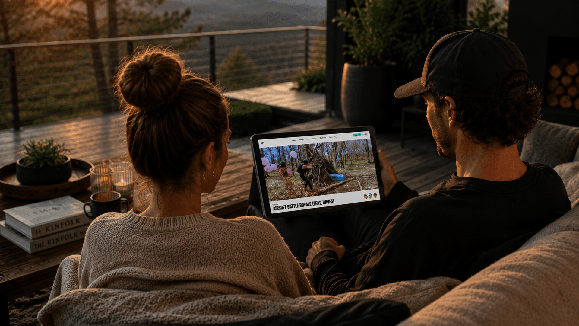Two Dude Perfect fans watching a video together on a tablet at home.