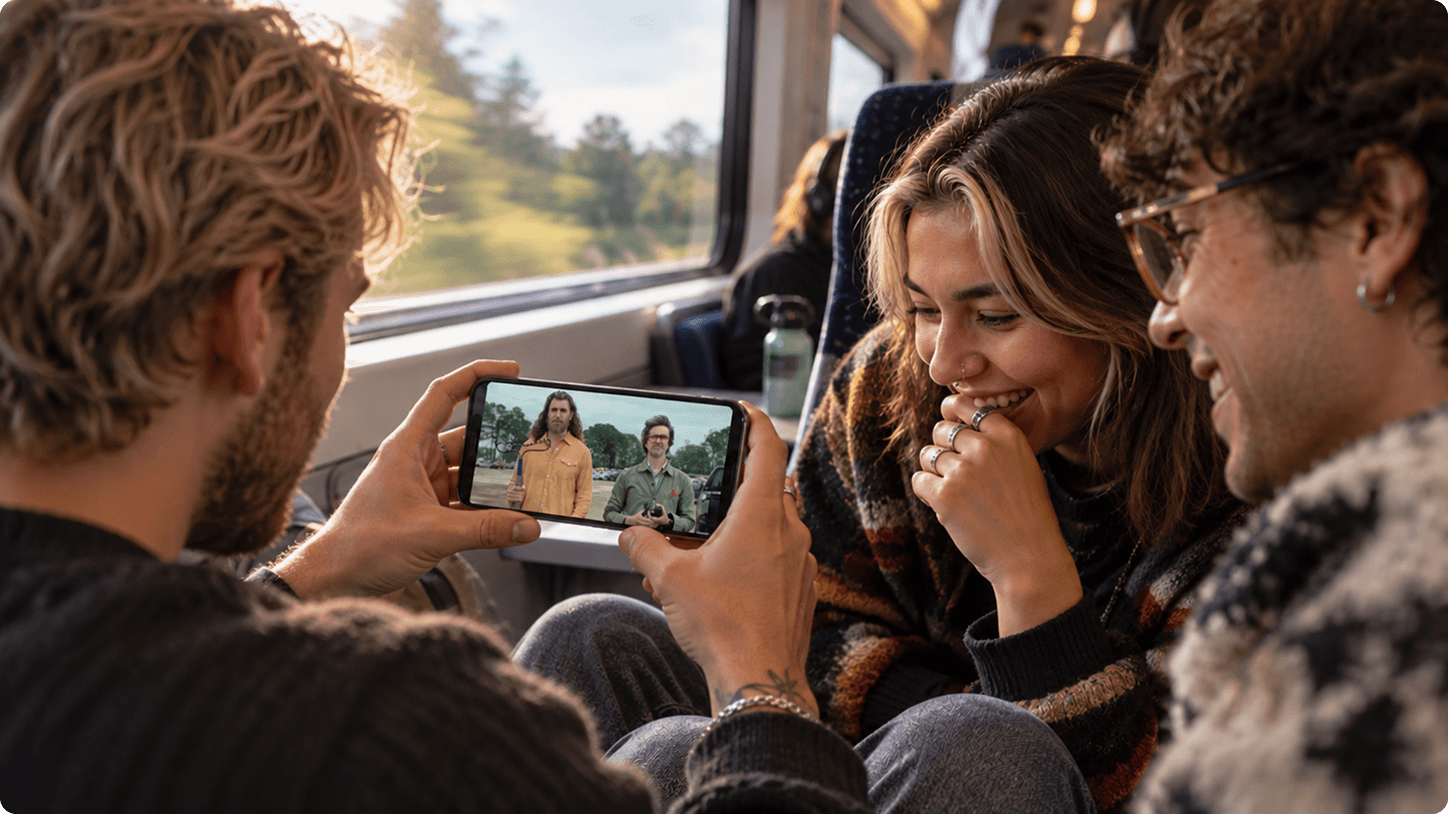Three friends watching video content together on a smartphone while travelling by train.