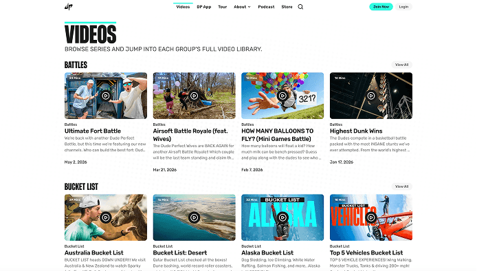 Dude Perfect video library showing Battles and Bucket List series with individual video episodes.