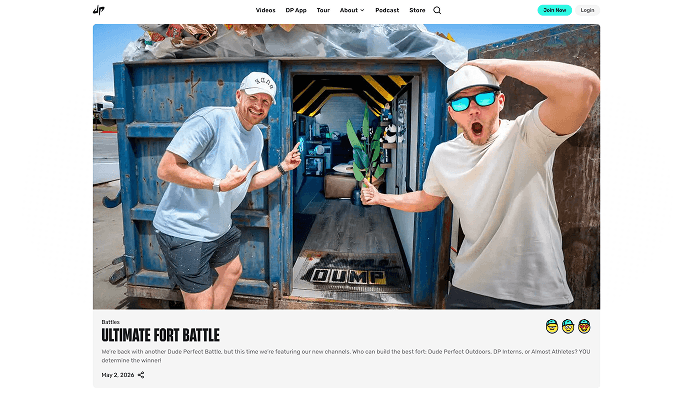 Dude Perfect Ultimate Fort Battle video detail page with episode artwork, description and viewing controls.
