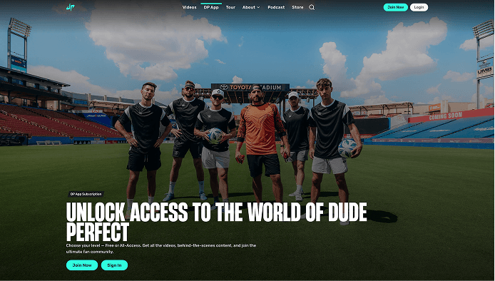 Dude Perfect app landing page promoting membership and access to exclusive content and community features.