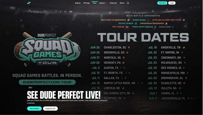 Dude Perfect Squad Games Tour page showing tour dates, locations and ticket options.