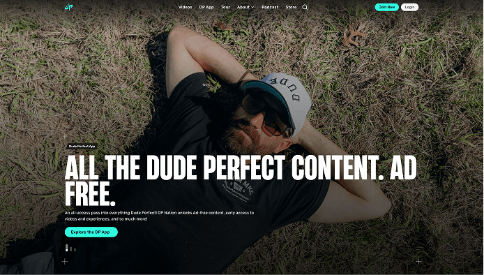 Dude Perfect Direct-to-Fan platform promoting ad-free access to exclusive content through the DP App.
