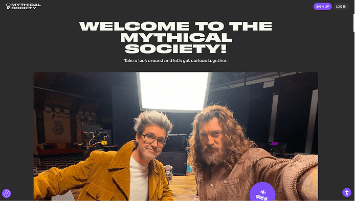 Mythical Society membership platform homepage featuring Rhett and Link and member sign-up options.