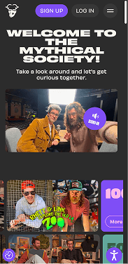 Mythical Society mobile homepage featuring Rhett & Link, exclusive videos, behind-the-scenes content and membership benefits.