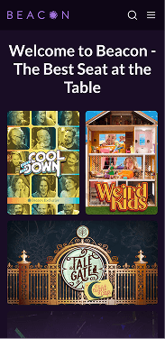 Beacon mobile homepage displaying Mythical Society content, including exclusive videos, behind-the-scenes footage and featured shows.