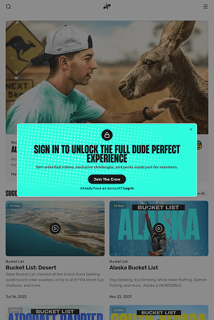 Dude Perfect - sign up screen, for tiered experiences